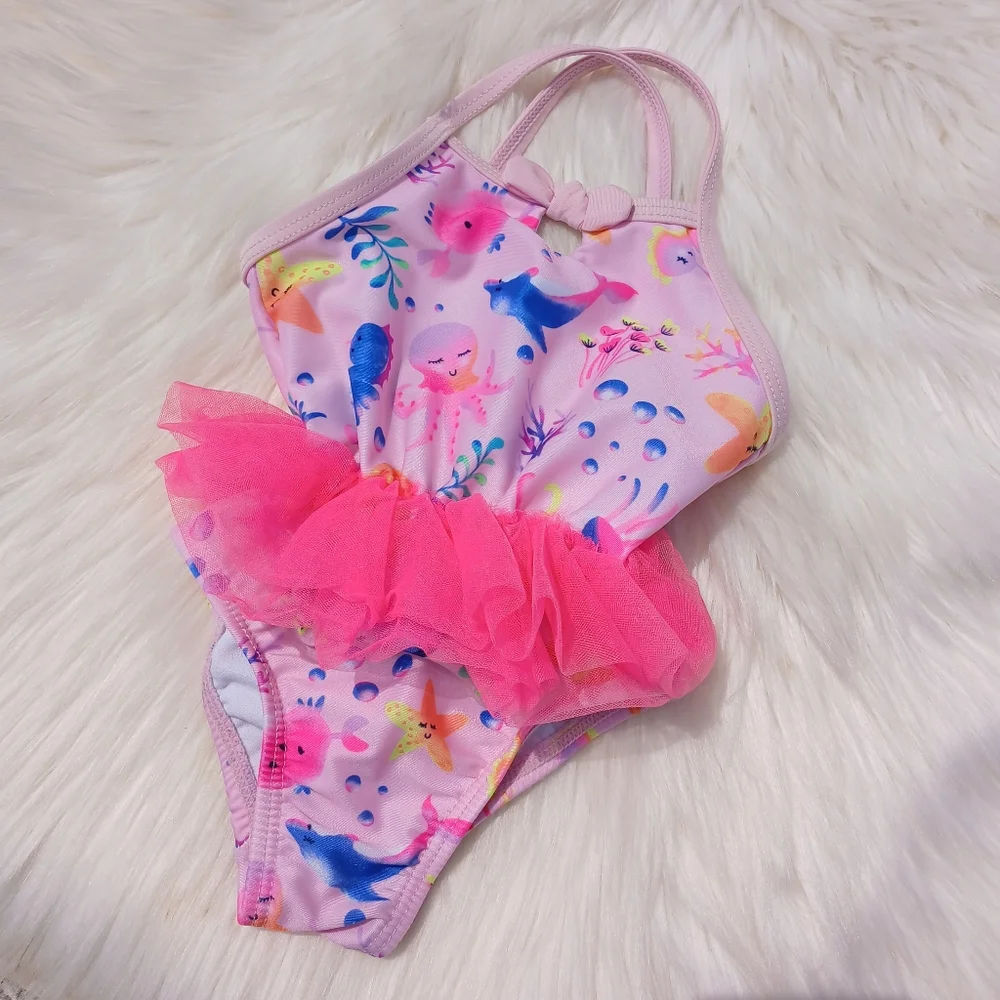 Girls size 12 months Swimsuit One Piece Pink Tulle Tutu Bathing Swim Suit Baby